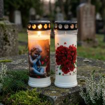 Artikel Grabkerze Rosen Grablicht Weiß 7 Tage Ø7,5cm H20cm 2St - Langanhaltende Trauerbekundung