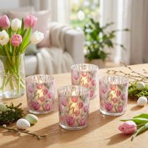 Artikel Deko Windlichter aus Glas mit rosa Tulpenmotiv im 4er Set – Perfekt für frühlingshafte Akzente