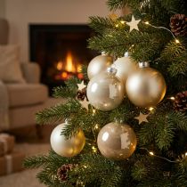 Artikel Weihnachtskugel, Christbaumschmuck, Glaskugel Weiß/Perlmutt H6,5cm Ø6cm Echtglas 24 St