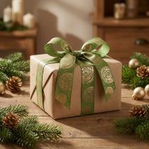 Artikel Geschenkband mit goldenen Rosen Grünes Schmuckband 25mm 15m
