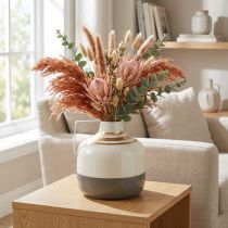 Artikel Charmante Metall Deko-Vase mit Henkel Vintage-Stil Creme/Grau/Gold Ø16cm H17cm für Trockenblumen & Kunstpflanzen