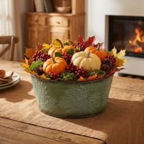 Artikel Pflanzschale mit Ahornblättern, Herbstdeko, Metallgefäß Grün Ø25cm H11cm