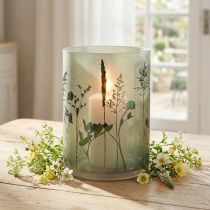 Windlicht Glas Weiß Grün mit Wiesenmotiv H24cm