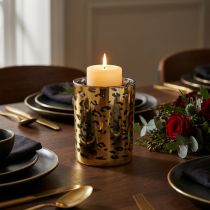 Artikel Windlicht aus Glas, Leopardenmuster, 12 cm hoch, goldfarben, für Tischdekoration