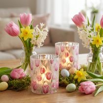 Artikel Windlicht Glas Tulpenmotiv 12,5cm Rosa Weiß, 2er-Set, Frühlingsdekoration