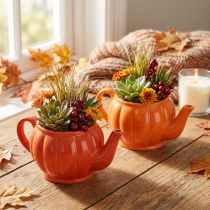 Artikel Keramik Übertopf Teekanne Orange Herbstdeko 21,5×13×10cm 2er Set