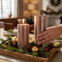 Artikel Durchgefärbte Stumpen Kerzen Kupfer 85mmx200mm 2er Set - Langbrenndauer, festliches Metallic-Design für Dekoration