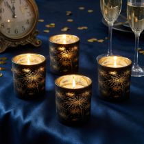 Artikel 6er-Set Windlichter Glas Schwarz-Gold, Feuerwerk-Design, Festliche Deko, 9cm