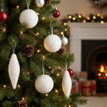 Artikel Schnee Deko Weihnachtsschmuck Kugeln Zapfen Set Weiß Glitzer Ø4/8cm 18 Stück
