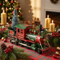 Artikel Weihnachtslok mit Tanne aus Metall – Nostalgische Weihnachtsdeko in Rot und Grün, ca. 20 cm