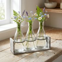 Artikel Rustikales Flaschenset in Holzträger – 3 Glasflaschen, Grau-Weiß, 24x8x20 cm – Vielseitig einsetzbar für Dekoration