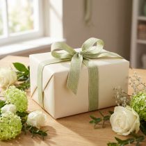 Artikel Elegantes Geschenkband Fischgrät Weiß Grün 25mm 15m