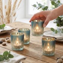 Artikel Deko Windlicht aus Glas im Gräserdesign in Blau mit Gold für stimmungsvolle Teelichtdekoration  8 cm, 4er-Set