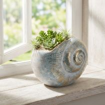 Artikel Dekogefäß Schneckenform Grau mit Goldschimmer aus Polyresin 21cm