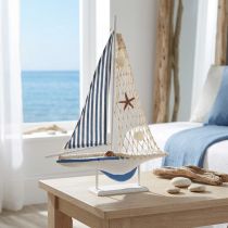 Artikel Deko Segelboot Holz Muscheln Weiß Blau L26,5cm H37cm - Maritimes Highlight