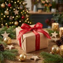 Artikel 25mm Rotes Weihnachtsband mit "Merry Christmas" Goldschrift 20m