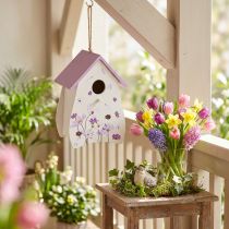 Artikel Dekoratives Vogelhaus aus Holz mit Blumenmuster und lila Dach, 21 cm