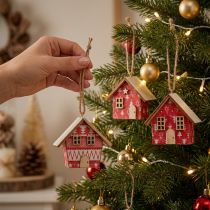 Artikel Rote Weihnachtshäuschen zum Hängen Papier Holz 5,5cm 6er Set