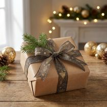 Artikel Weihnachtsband Braun Gold Geschenkband Tanne 25mm 15m