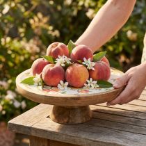 Artikel Deko Teller mit Fuß Mangoholz Pfirsich Motiv Ø26cm H9,5cm - Perfekt für Sommerdeko
