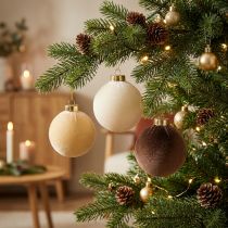 Artikel Weihnachtskugel 8cm Samtoptik Mix Cremeweiß Beige Braun 12er Set Innenbereich