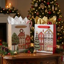Artikel Weihnachtliche Geschenktüten mit Häusern und Tannenbaum, weiß, 12 x 6 x 16 cm, 2 Stück