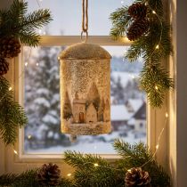 Artikel Metall-Weihnachtsglocke mit Winterdorf-Motiv, 20 cm hoch, Weiß-Gold, dekoratives Aufhängen