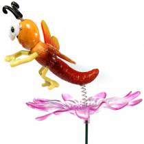 Gartenstecker Libelle auf Blume mit Metallfeder Orange, Pink H74cm