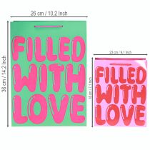 Artikel Geschenktüte mit Henkeln „Filled with Love“ für Dekorateure, 2er-Set, ideal als Geschenkverpackung, im Boho-Stil, in Türkis und Rosa