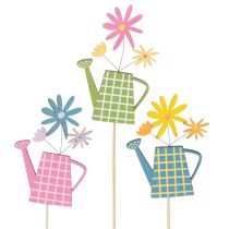 Artikel Frühlingshafte Gießkannenstecker aus Holz, bunte Gartendeko im Set, 12 Stück