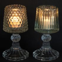 Artikel Elegante Glas-Teelichthalter mit Fuß im 2er-Set – dekorative Punkte & Rillen, Höhe 15 cm