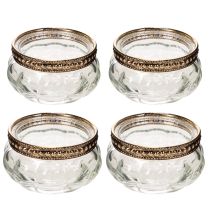 Artikel Teelichthalter aus Glas mit silbernem Metallrand, rund, 6 x 3 cm, 4er-Set