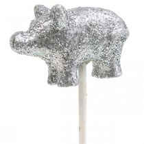 Glücksschwein Silvester Glücksbringer am Stab Silbern 3cm 6St