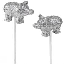 Artikel Glücksschwein Silvester Glücksbringer am Stab Silbern 3cm 6St