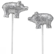 Artikel Glücksschwein Silvester Glücksbringer am Stab Silbern 3cm 6St