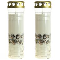 Grabkerzen Weiß Rosen Trauerlicht Ø7cm H23,5cm 145h 2St