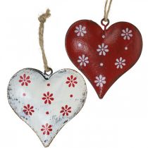 Metallherz zum Hängen, Geschenkanhänger, Valentinstag, Vintage-Optik Rot, Weiß H6cm 6St
