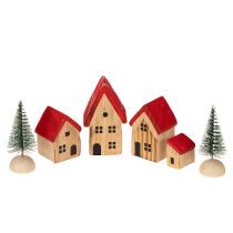 Artikel Holz-Dekohaus-Set mit roten Dächern und Tannenbäumen, 12 cm, 6-tlg