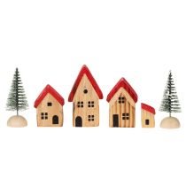 Artikel Holz-Dekohaus-Set mit roten Dächern und Tannenbäumen, 12 cm, 6-tlg