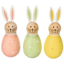 Artikel Dekorative Hasenfiguren aus Holz im Ei-Look, 12 cm, frühlingshafte Tischdeko, 3er-Set