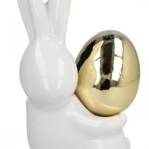 Osterhasen elegant, Keramikhasen mit Goldei, Osterdeko Weiß, Golden H18cm 2St