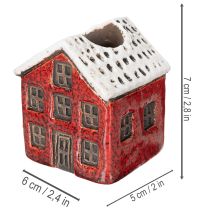 Artikel Kerzenständer aus Keramik in Hausform mit Schnee, 7 cm, 2 Stück, rot und beige