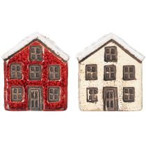 Artikel Kerzenständer aus Keramik in Hausform mit Schnee, 7 cm, 2 Stück, rot und beige