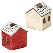 Artikel Kerzenständer aus Keramik in Hausform mit Schnee, 7 cm, 2 Stück, rot und beige