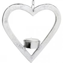 Artikel Teelichthalter im Herz, Kerzendeko zum Hängen, Hochzeit, Adventsdeko aus Metall Silbern H17,5cm