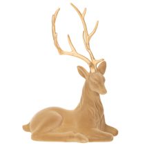 Artikel Beflockte Dekofigur Hirsch liegend mit goldfarbenem Geweih 58 cm hellbraun Kunststoff