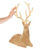 Artikel Beflockte Dekofigur Hirsch liegend mit goldfarbenem Geweih 58 cm hellbraun Kunststoff