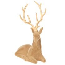 Artikel Beflockte Dekofigur Hirsch liegend mit goldfarbenem Geweih 58 cm hellbraun Kunststoff