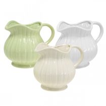Dekorative Vase, Krug mit Griff Keramik Grün, Weiß, Creme H14,5cm 3St