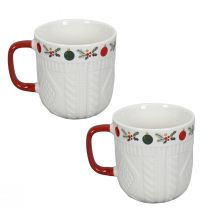 Artikel Keramik Weihnachtstasse mit Strickmuster und festlichem Dekor, 9cm, Rot-Weiß, 2St